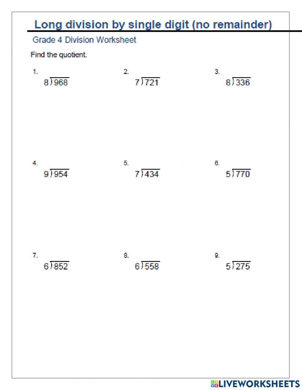 Dividing 3 Digits By 1 No Remainder Worksheet