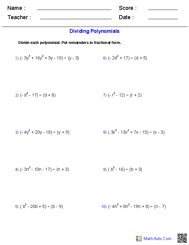 Dividing Polynomials Worksheet Answers Studying Worksheets