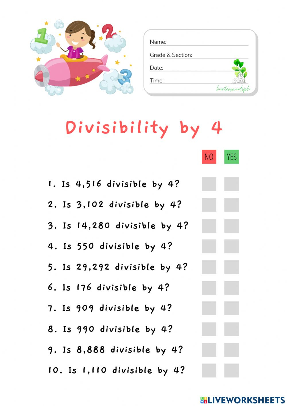 Divisibility By 4 HuntersWoodsPH Math Worksheet