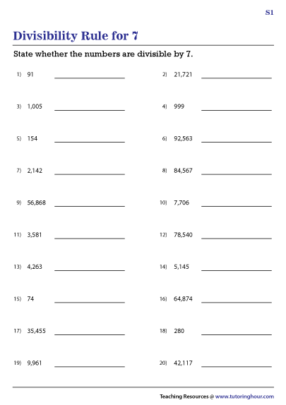 Divisibility Rule For 7 Worksheets