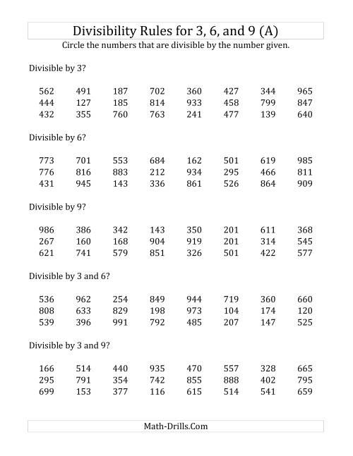 Divisibility Rules For 3 6 And 9 3 Digit Numbers A