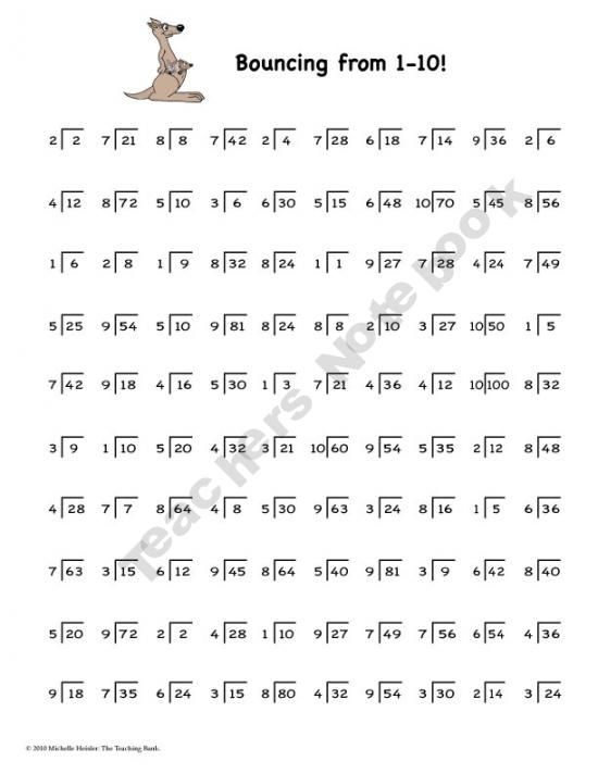 Division Basic Facts 1 10 s Practice Sheet Teaching Math Math 