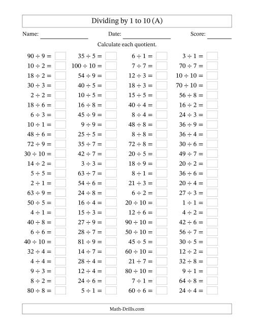 Division Facts To 100 No Zeros A