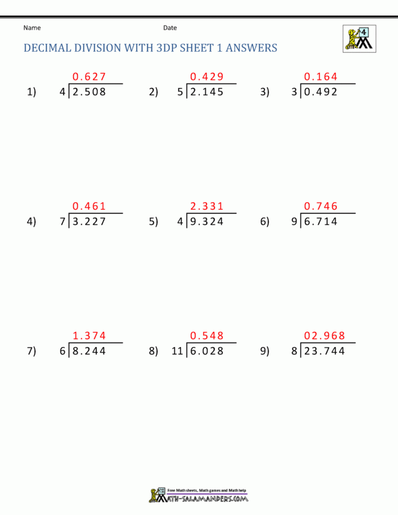 Division Of Decimal Numbers Worksheets