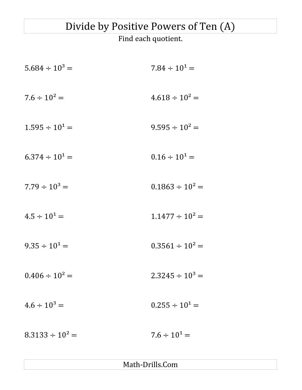 Division Of Powers Worksheets Math Worksheets Dividing Decimals