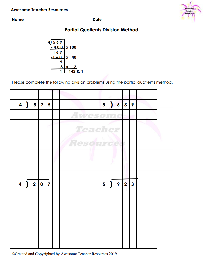 Division Partial Quotients Sample Fourth Grade By Raising Scholars