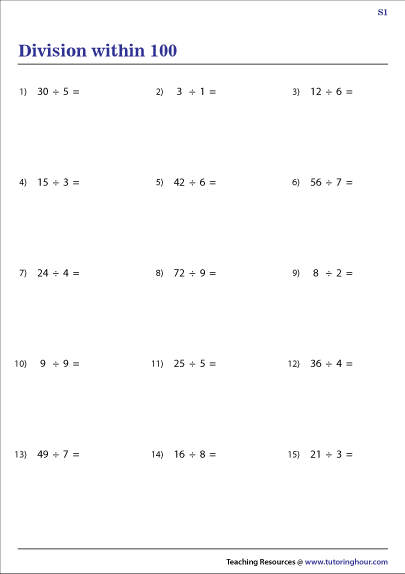 Division Within 100 Worksheets