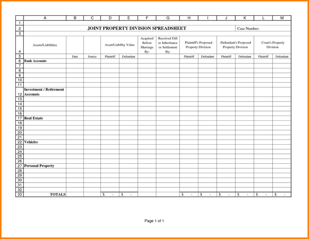 Divorce Property Division Worksheet Excel Universal Network