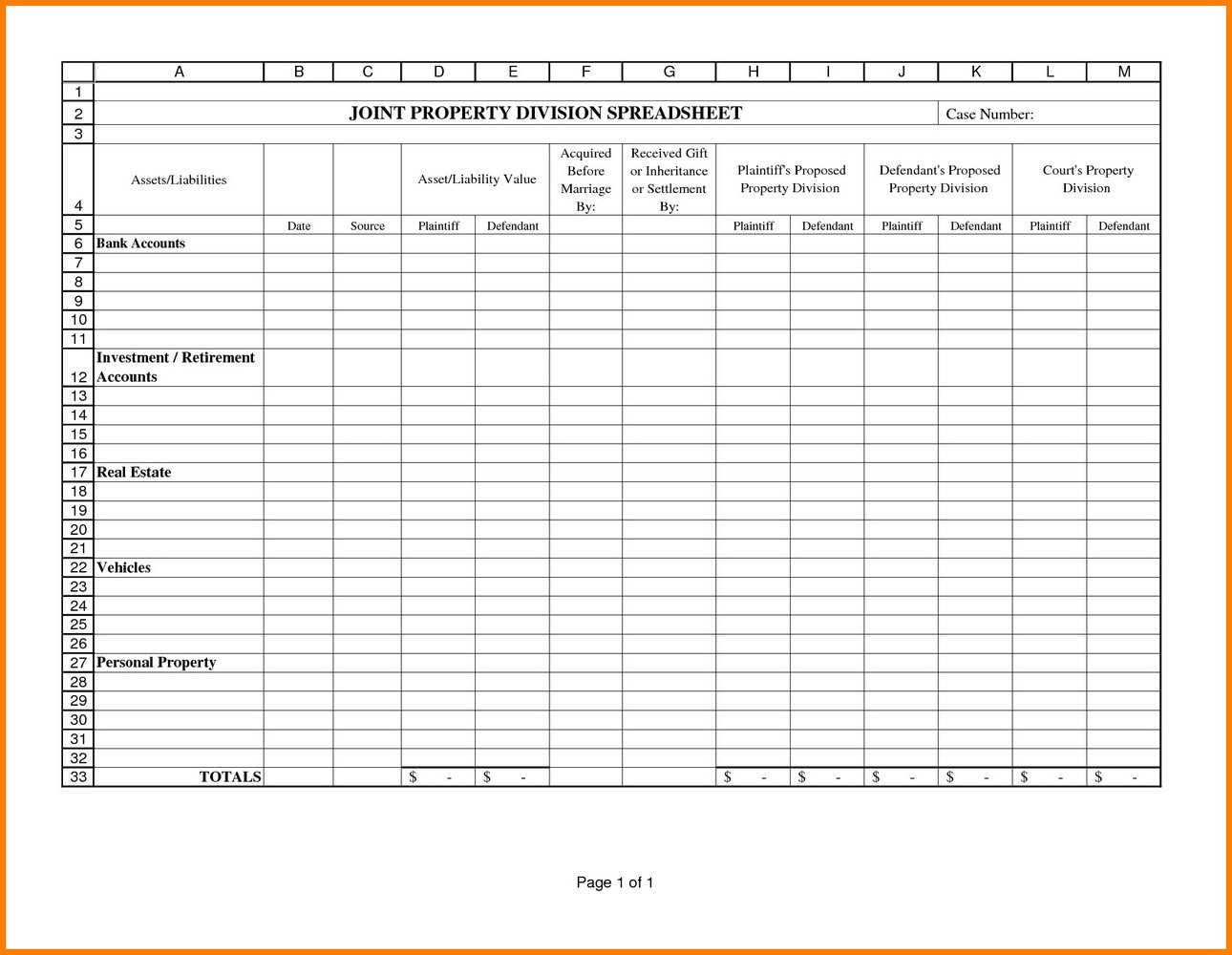 Divorce Property Division Worksheet Excel Universal Network