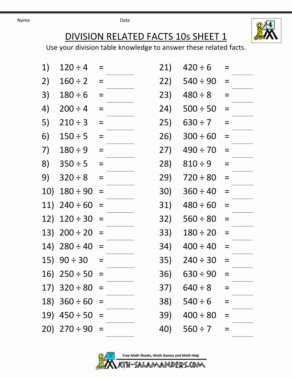 Fourth Grade Division Math Printable Worksheet Edumonitor 7 Best 