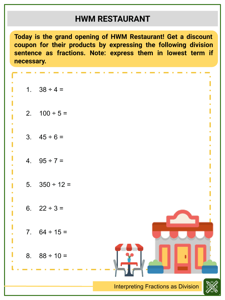 Interpreting Fractions As Division 5th Grade Math Worksheets