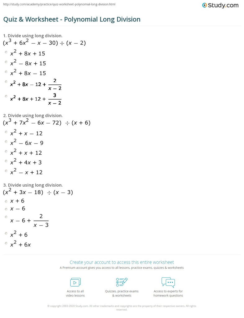 Long Division And Synthetic Division Worksheet Divide Using Long 