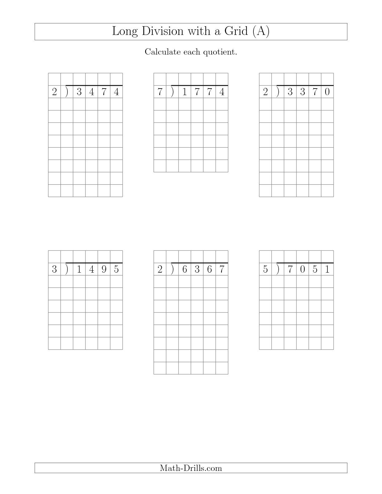 Long Division With Grid Assistance 4 Digit By 1 Digit With Remainders