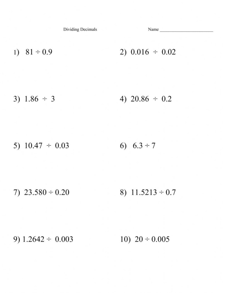 Math Worksheets Dividing Decimals WorkSheet For Pre School