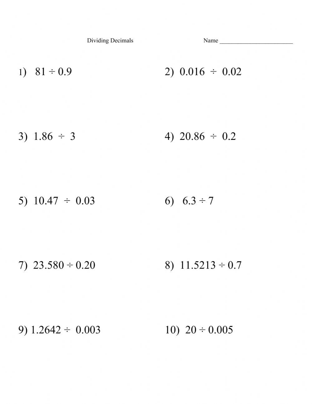 Math Worksheets Dividing Decimals WorkSheet For Pre School