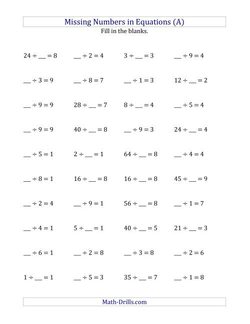 Missing Numbers In Equations Blanks Division Range 1 To 9 A