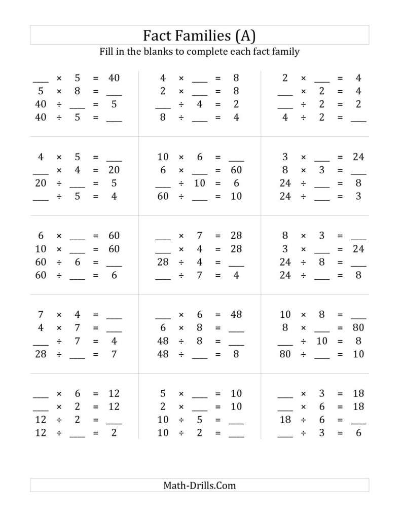 Multiplication And Division Fact Families Worksheets 3rd Grade Times 