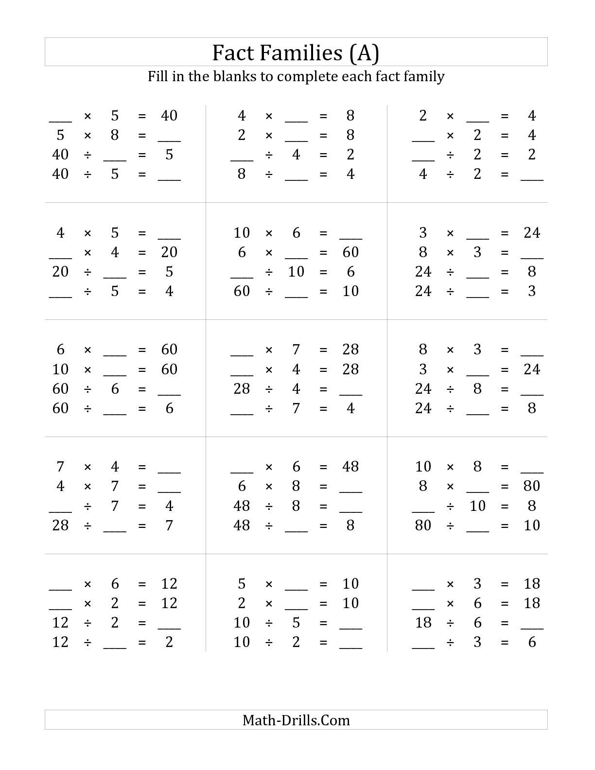 Multiplication And Division Fact Families Worksheets 3rd Grade Times 