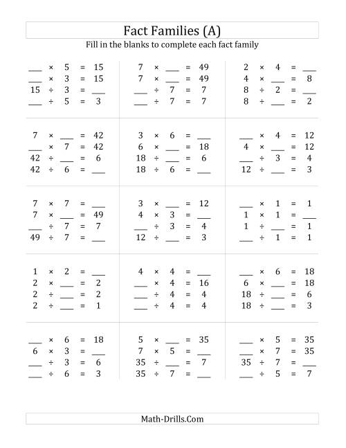 Multiplication And Division Relationships With Products To 49 A