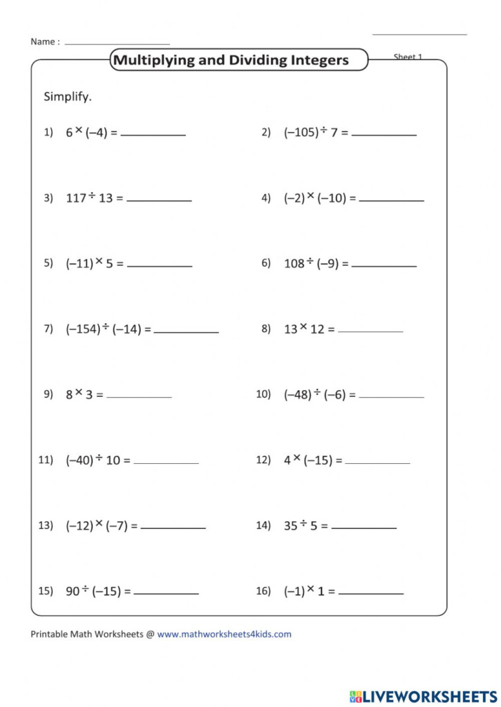 Multiplying And Dividing Integers Interactive Activity