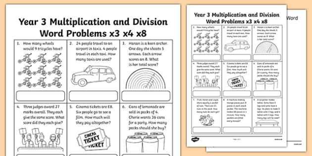 Year 3 Multiplication Division Word Problems X3 X4 X8 Worksheet