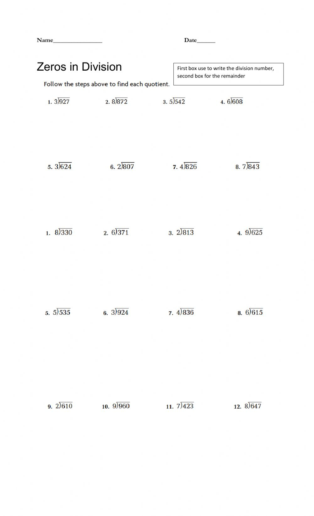 Zeros In Division Worksheet