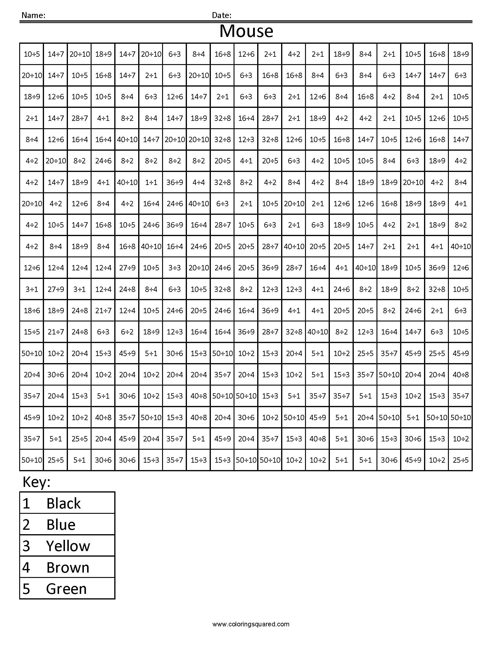 3DDC2 Mouse Division Math Worksheets Common Core Coloring Squared