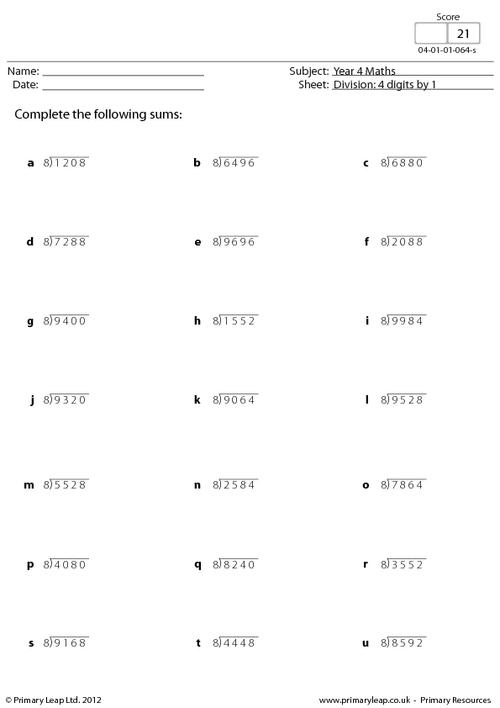 4 Digit By 1 Digit Division Worksheets