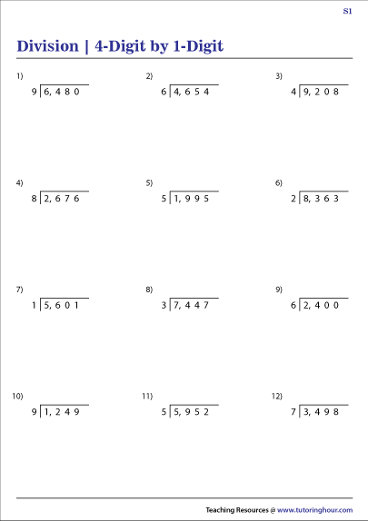 4 Digit By 1 Digit Division Worksheets