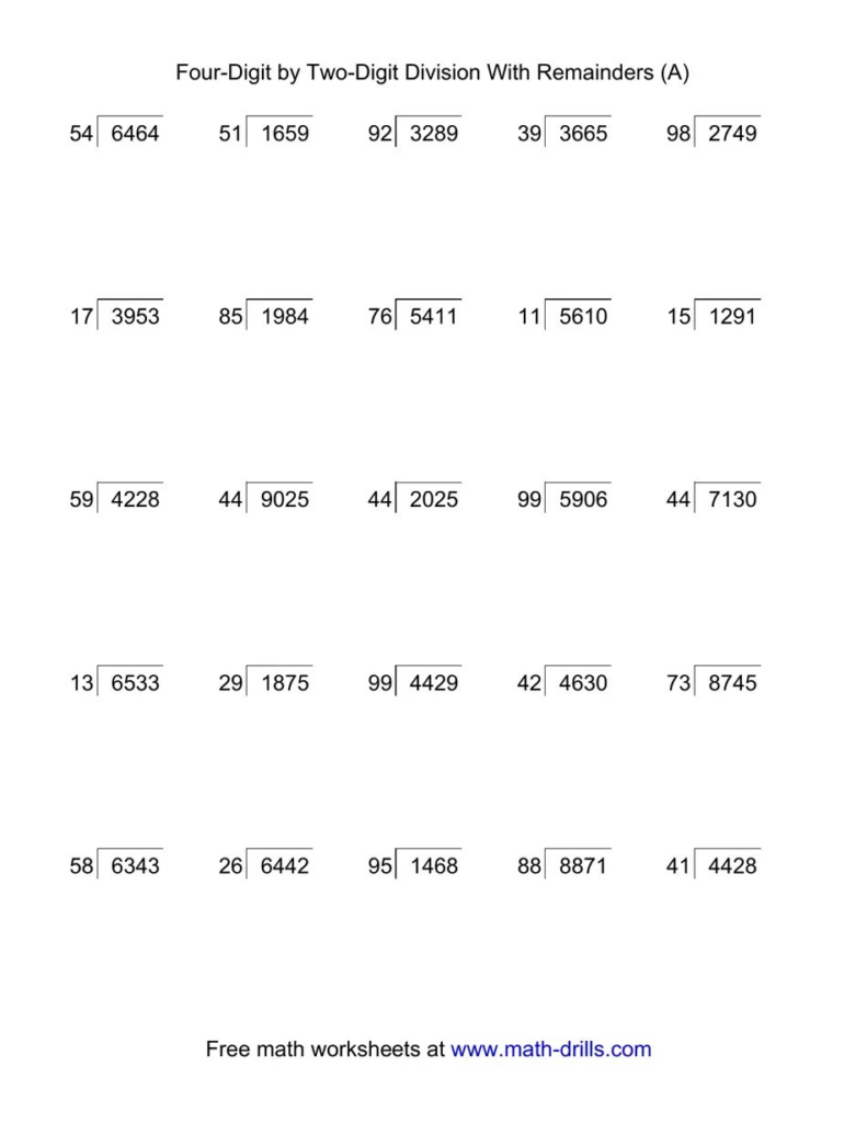 4 Digit By 2 Digit Long Division With Remainders And Steps Shown On 