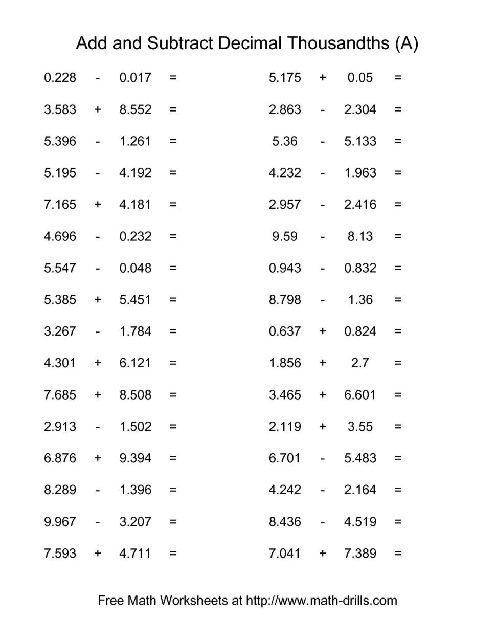 Adding And Subtracting Decimals Worksheets 6th Grade Subtracting