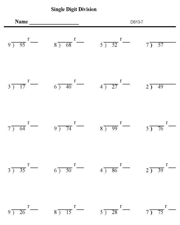 BlueBonkers Division Worksheets Single Digit With Remainder P7 