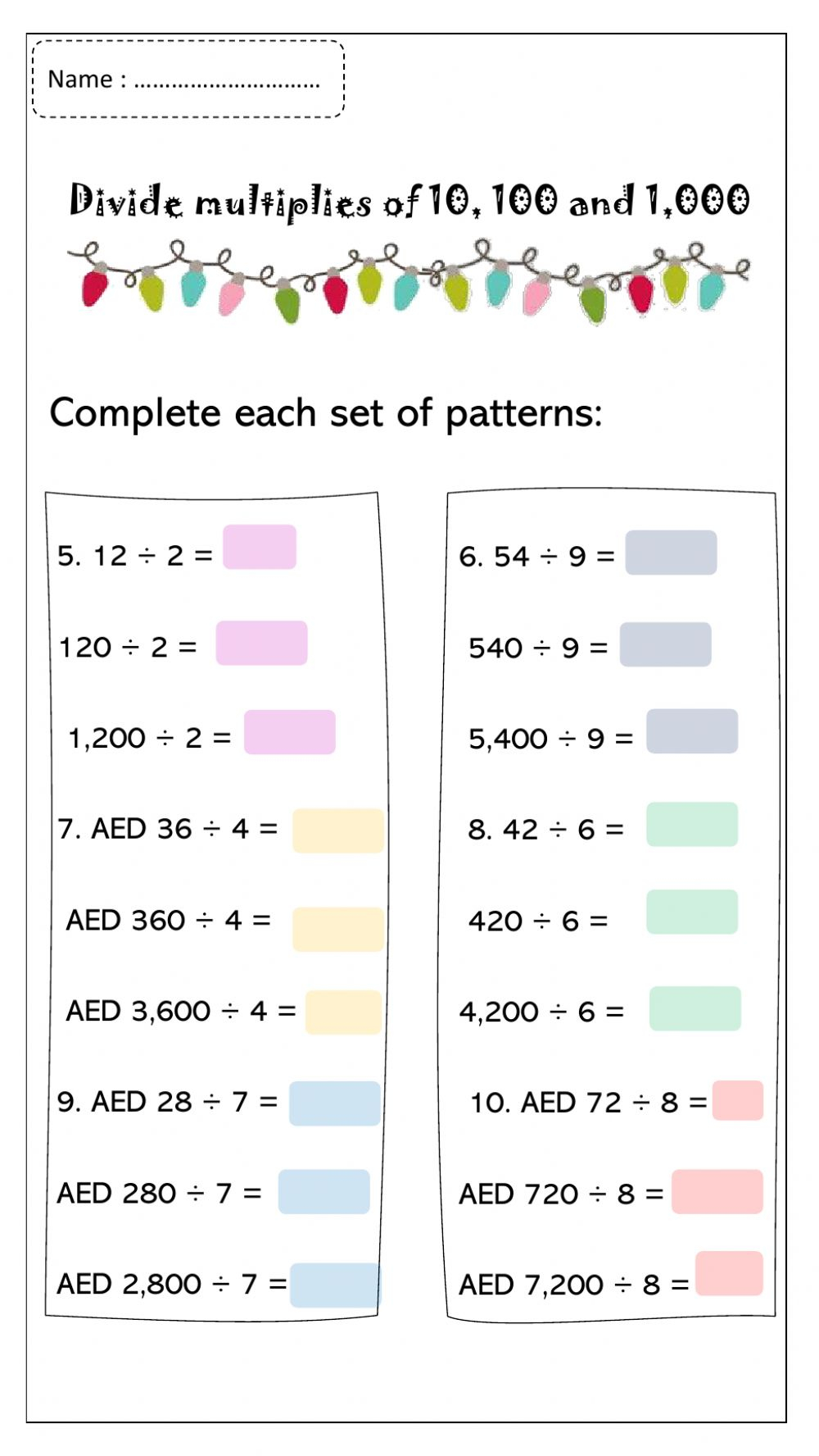 Divide By Multiplies Of 10 100 And 1000 Worksheet