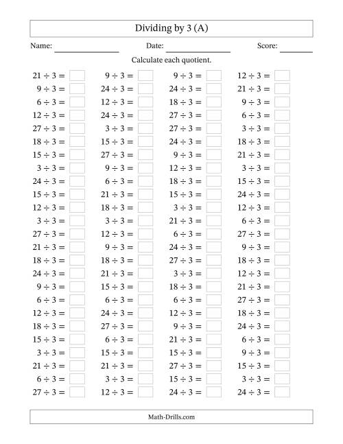 Dividing By 3 With Quotients From 1 To 9 A 