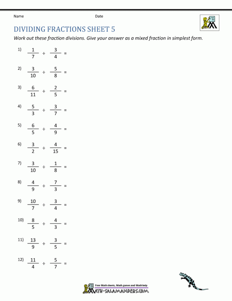 Dividing Fractions Worksheet