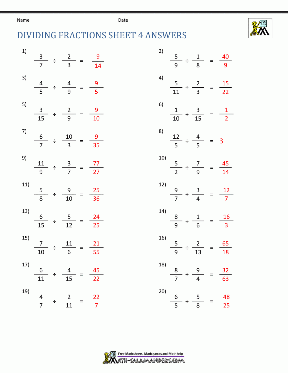 Dividing Fractions Worksheet