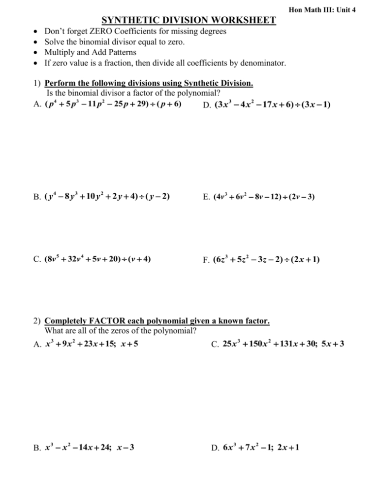 Dividing Polynomials Long And Synthetic Division Worksheet Answers Db 