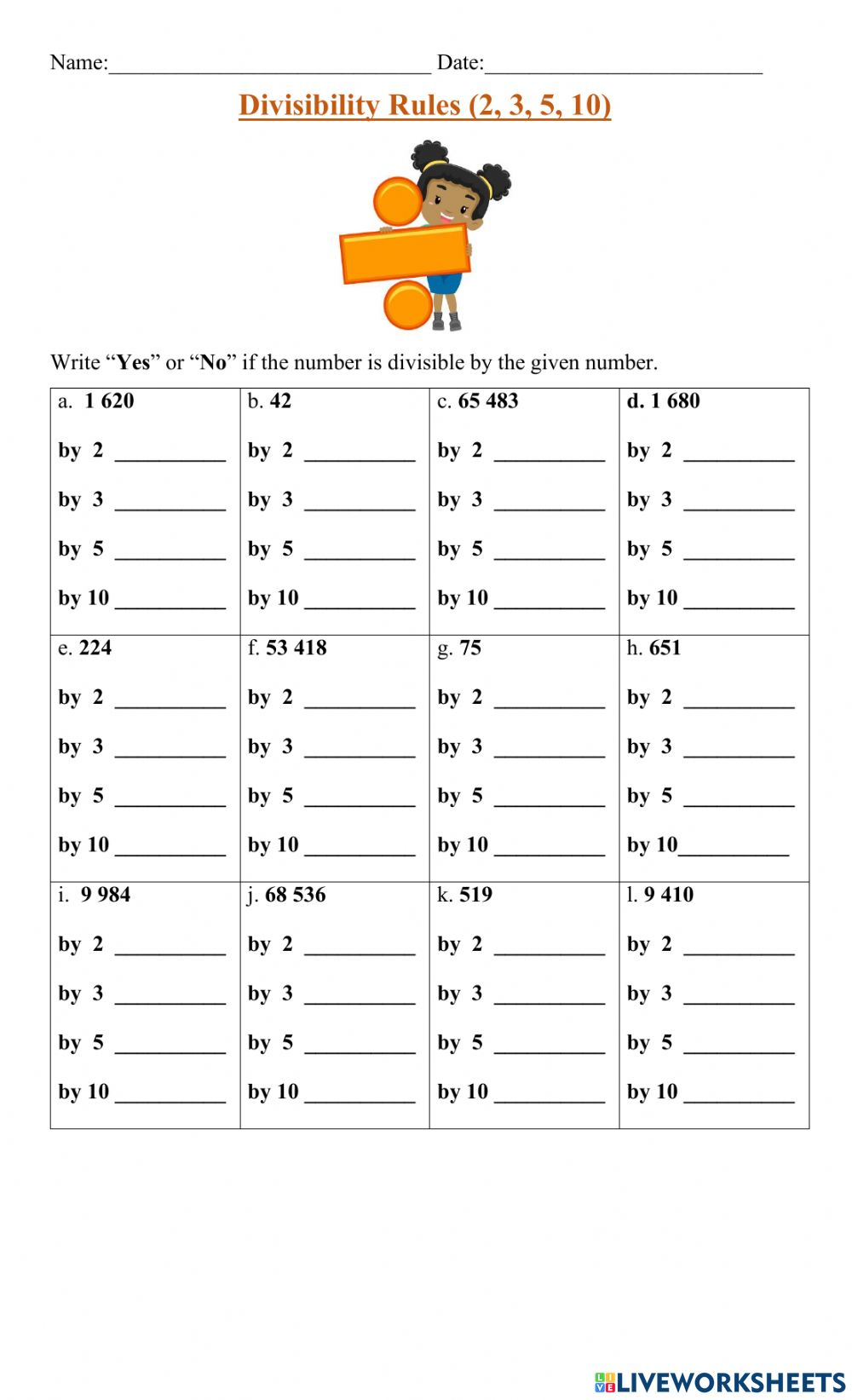 Divisibility Rules 2 3 5 10 Worksheet