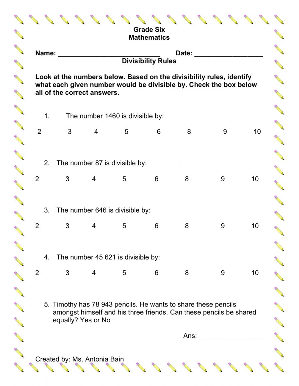 Divisibility Rules Interactive Worksheet