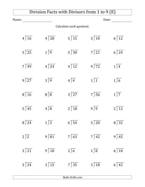 Division Facts With Divisors And Quotients From 1 To 9 With Long