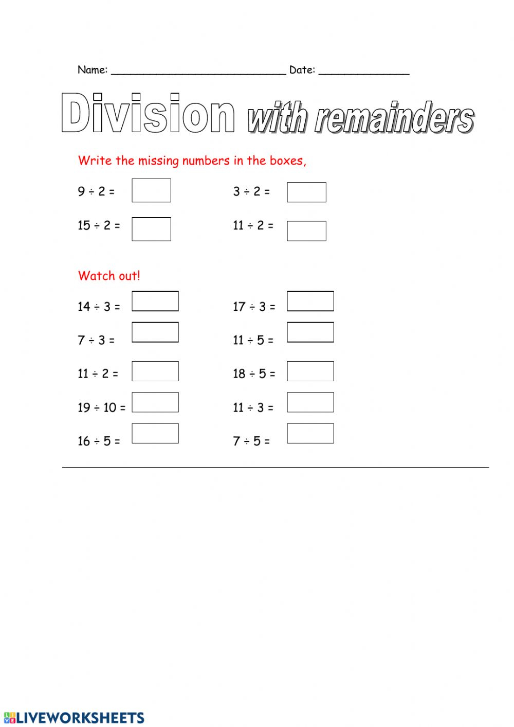 Division With Remainders Worksheet