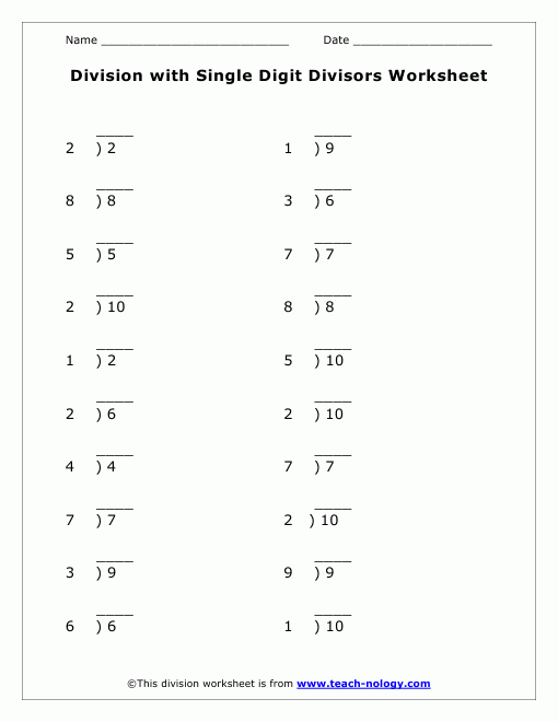 Division With Single Digit Divisors Worksheet