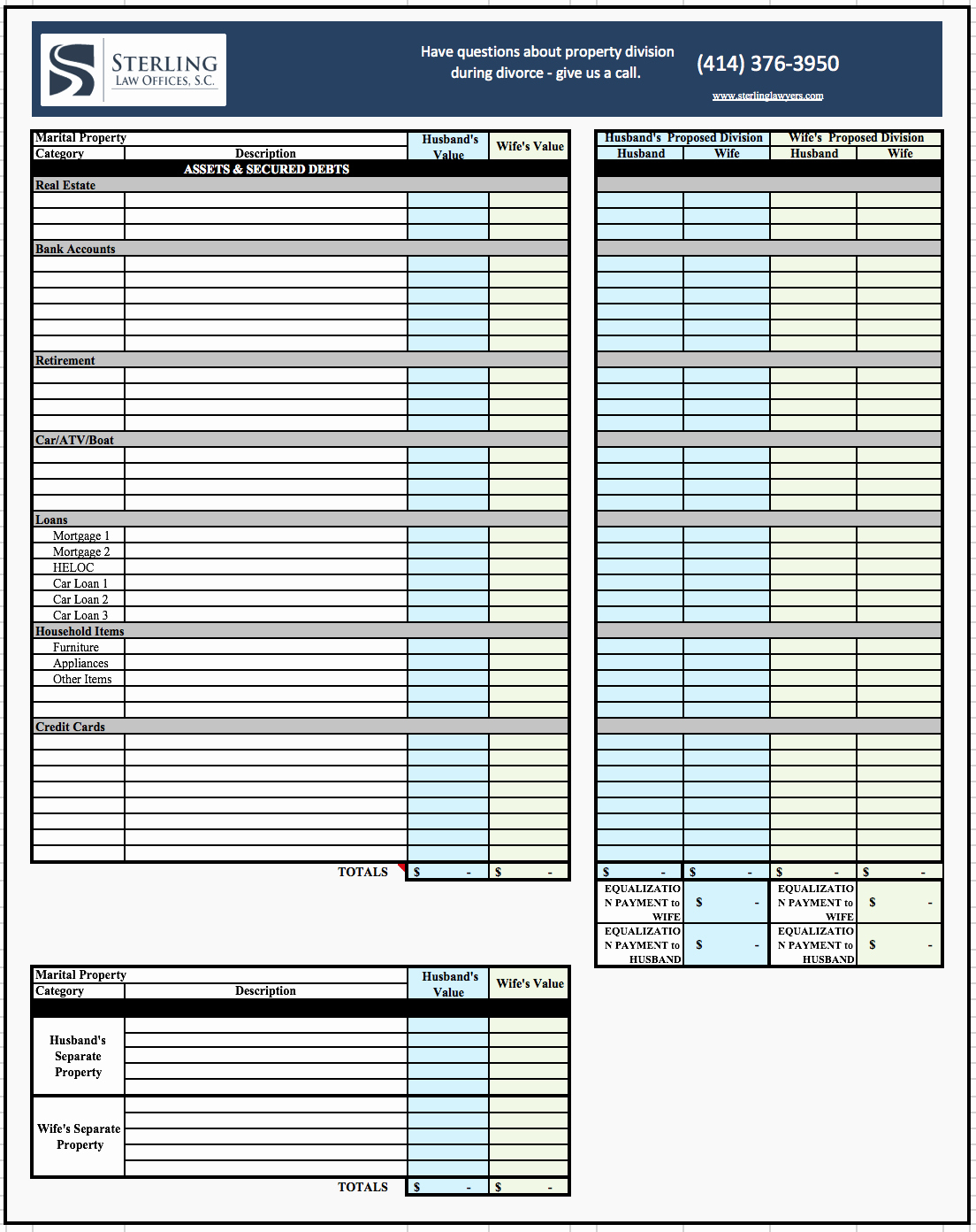 Divorce Property Division Worksheet Db excel