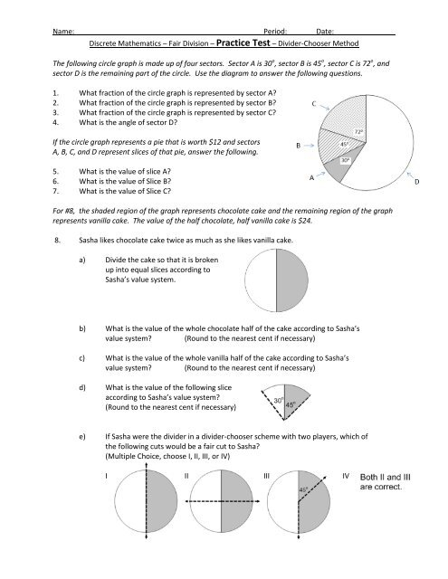 Fair Division Practice Test Divider Chooser Method The 