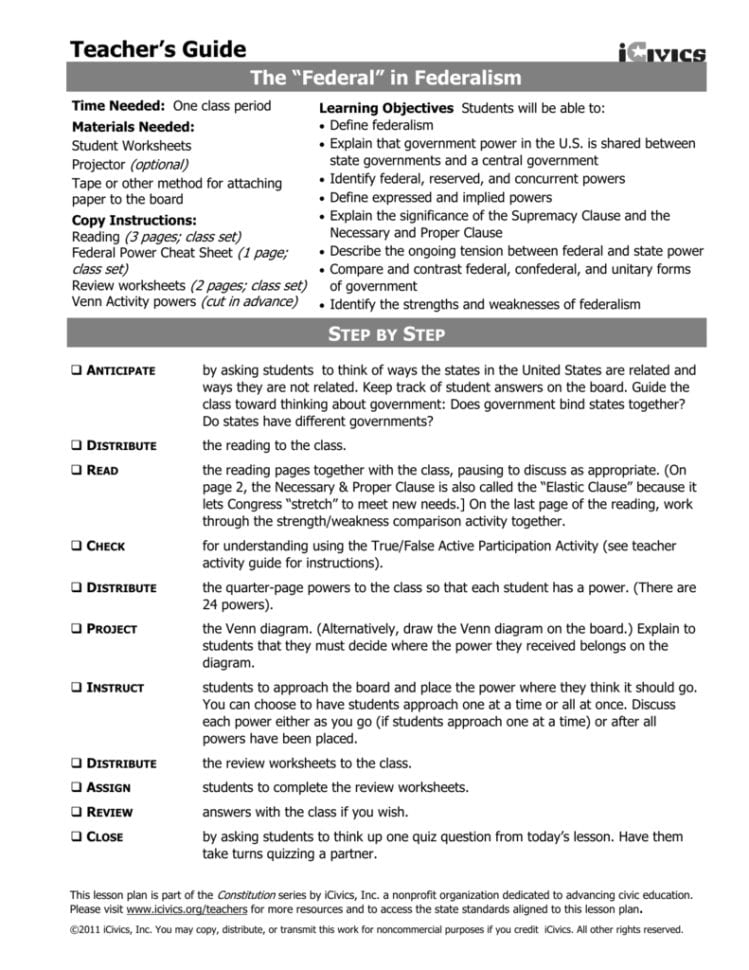 Federalism The Division Of Power Worksheet Answers Db excel