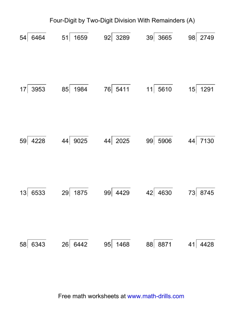 Four Digit By Two Digit Division With Remainders Worksheet With Answer 