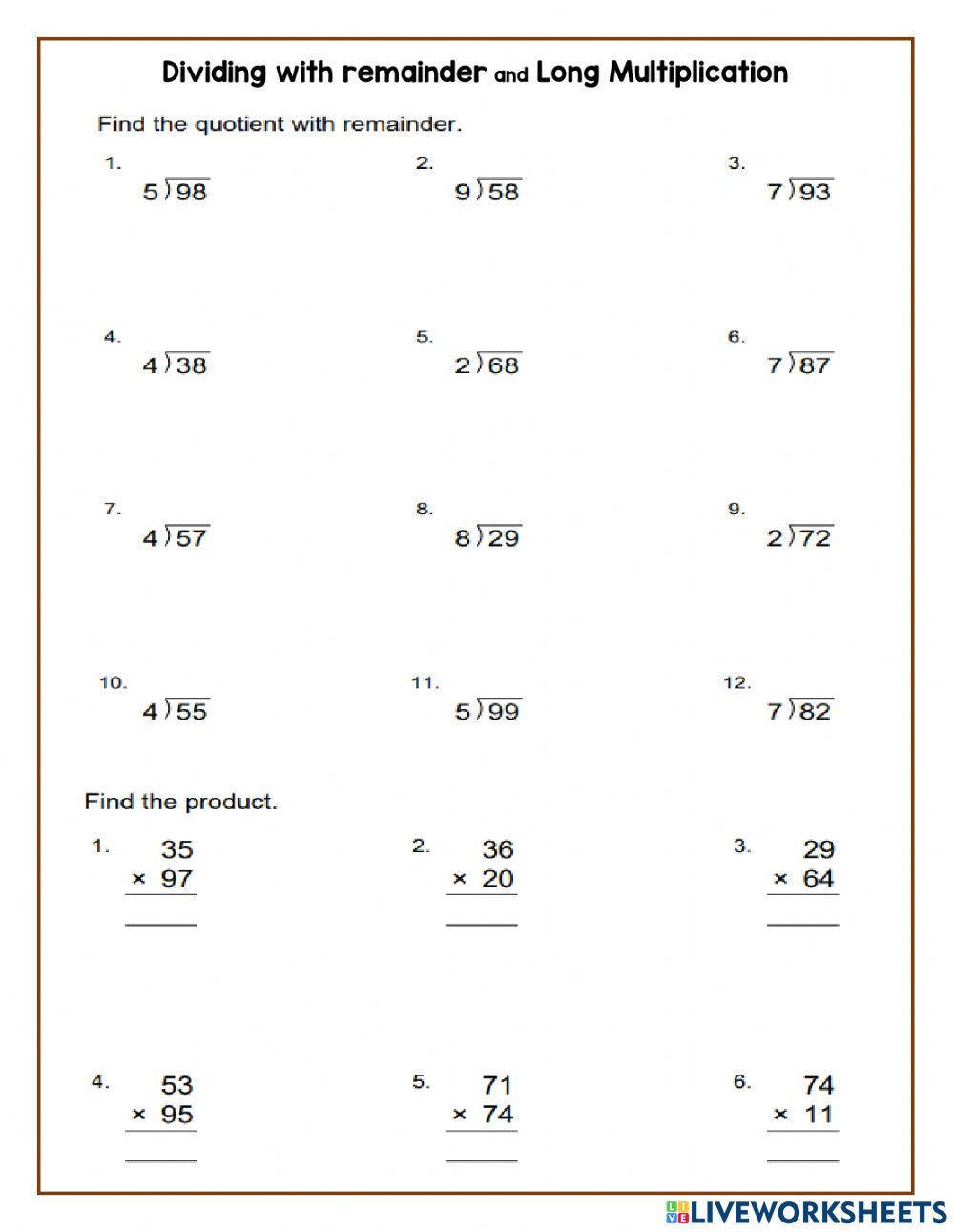 Fourth Grade Math Worksheets Free Printable K5 Learning Long Division 