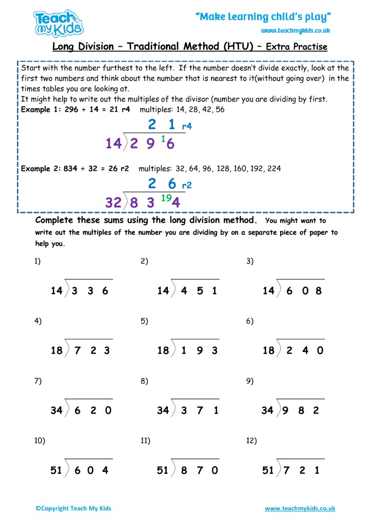 Long Division Traditional Method Htu extra Practise TMK Education