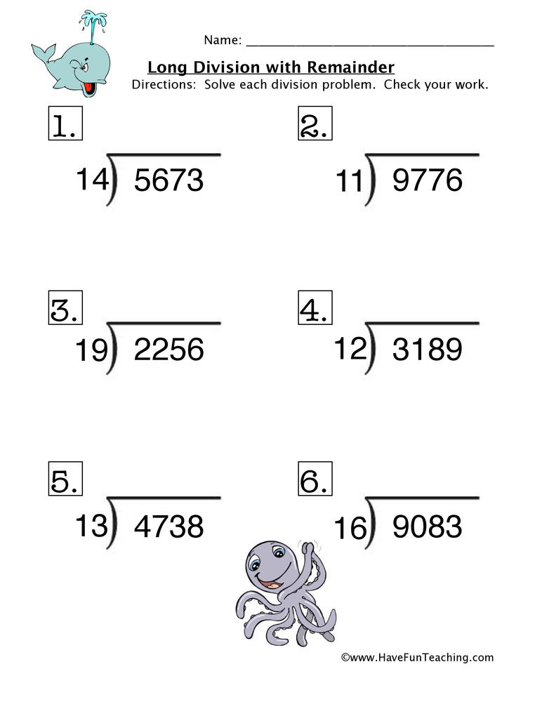 Long Division With Remainder Worksheet Have Fun Teaching