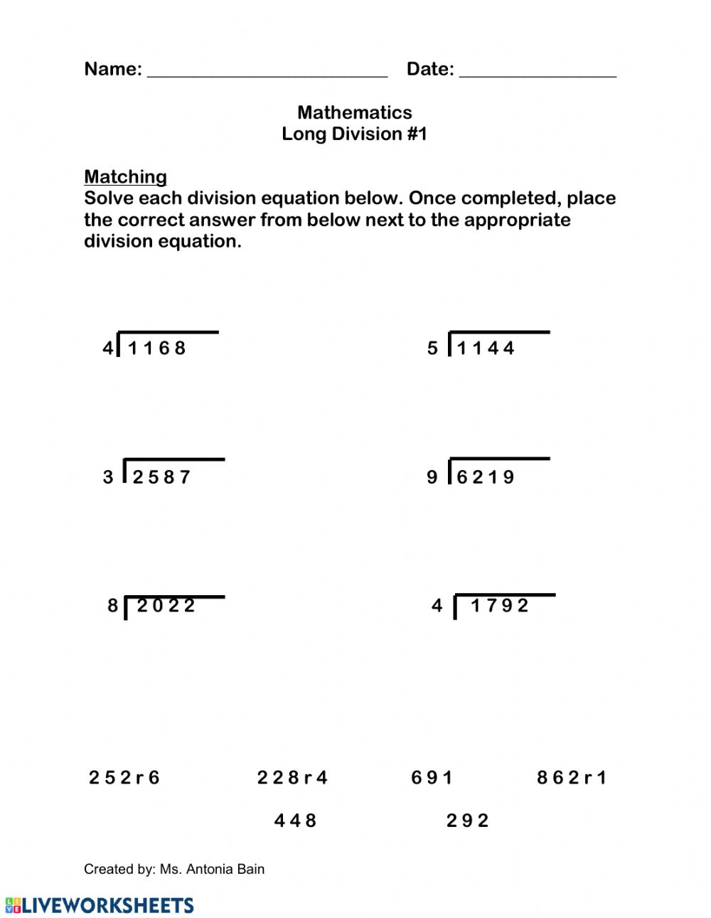 Long Division With Single Digit Divisors Worksheet